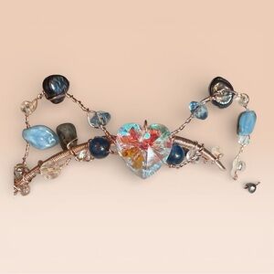 Tiara rose gold wire wrap. Faux Pearl and glass beads & Crystal Heart Pendant